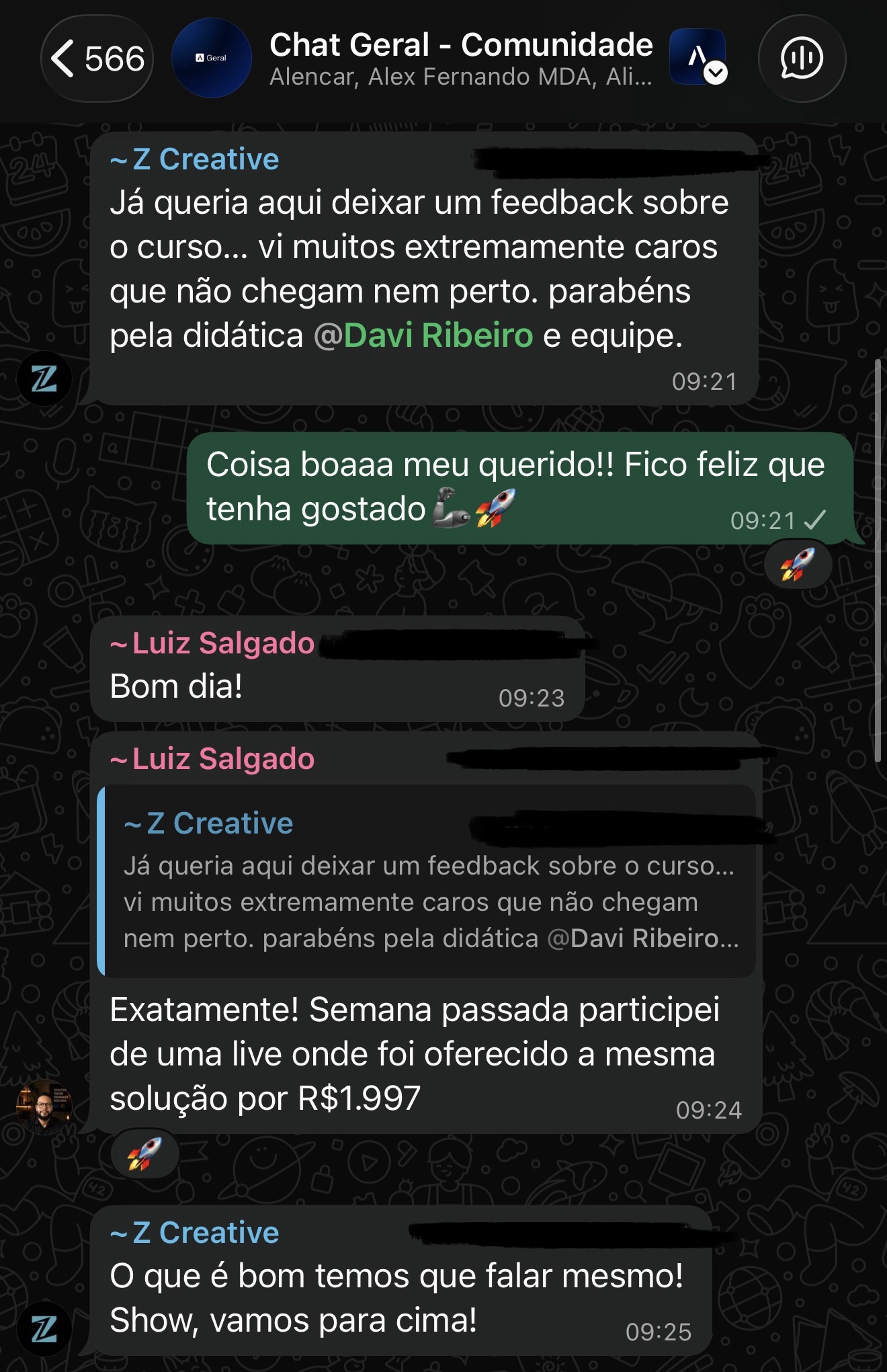 Depoimento de aluno sobre o valor do curso
